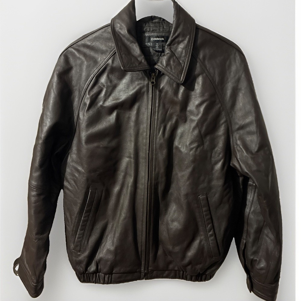 Colebrook-VNTG 90s Rich Brown Leather Bomber Jacket Men's Sz M Lined Zip-up